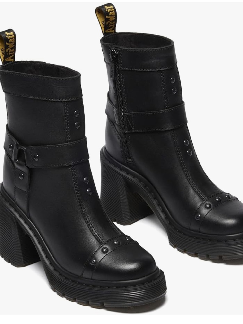 Dr. Martens Black Leather Chunky Flare Heel Ankle Chelsea Spence Harness Boots
